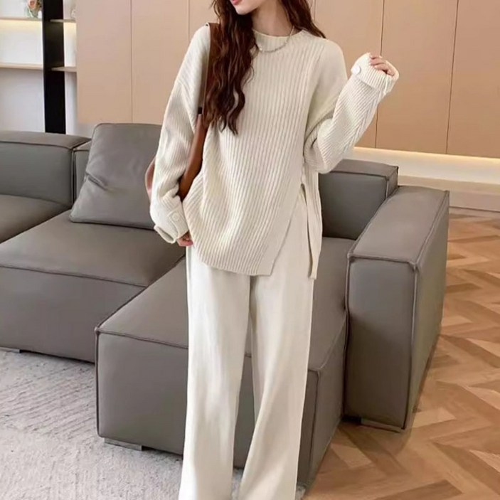 스타일닥터 여성용 니트 라운드 스웨터+와이드 두세트 팬츠 긴팔 세트