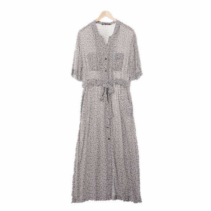 7788 자라 블랙 잔꽃패턴 플랩포켓슬릿카라맥시원피스 [L]