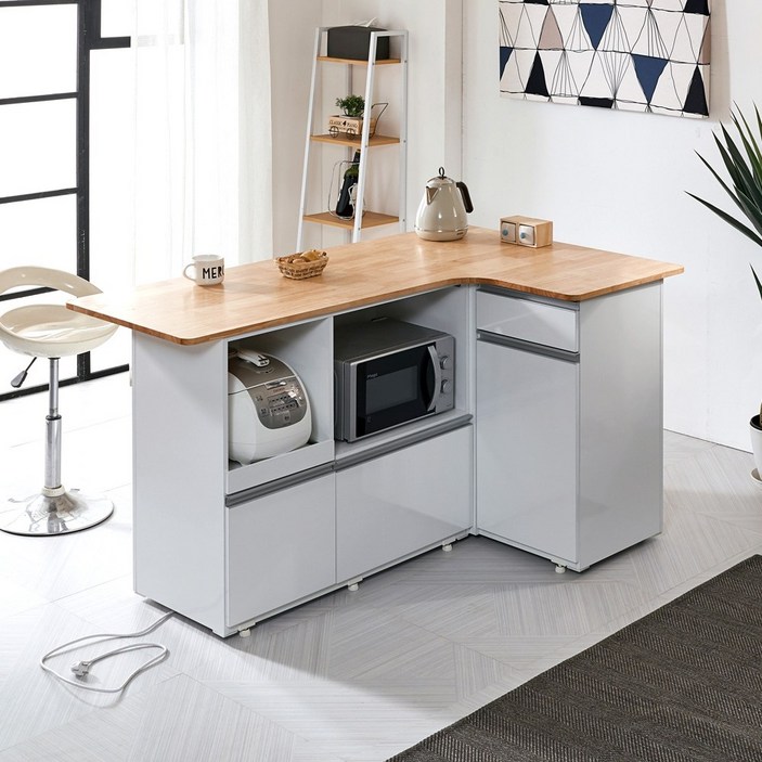 프리미엄바 고무나무 원목 상판 아일랜드식탁, 바디 하이그로시, 홈바, 오븐 렌지대, 전기밥솥 수납., 우드 특대