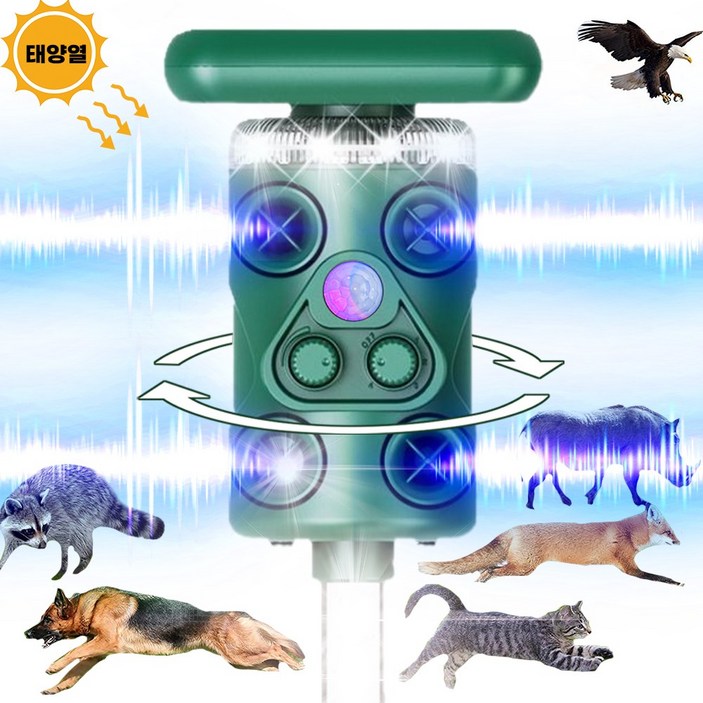 RYNOVEX 360도 태양열 충전 야생동물 퇴치기 4중강력 모드 적외선탐지초음파LED섬광4개스피커 경보음 감광 야간조명 겸용 방수방진 30여종 동물 멧돼지 두더지 고라니