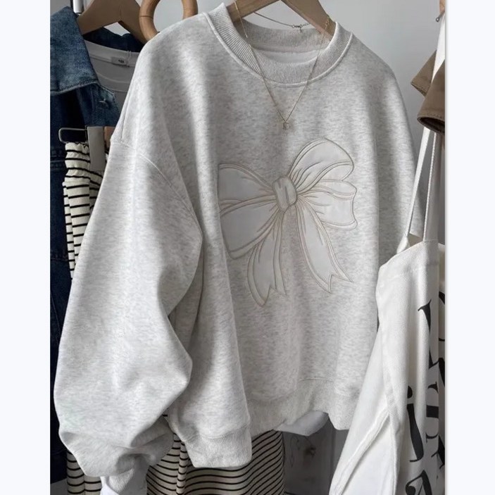 POMTOR 여성 오버핏 라운드 맨투맨 리본 루즈핏 롱 티 셔츠