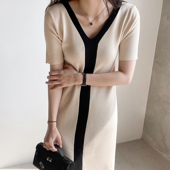 싱싱덴덩 원피스 여자 브이넥 반팔 트임 니트  미디원피스