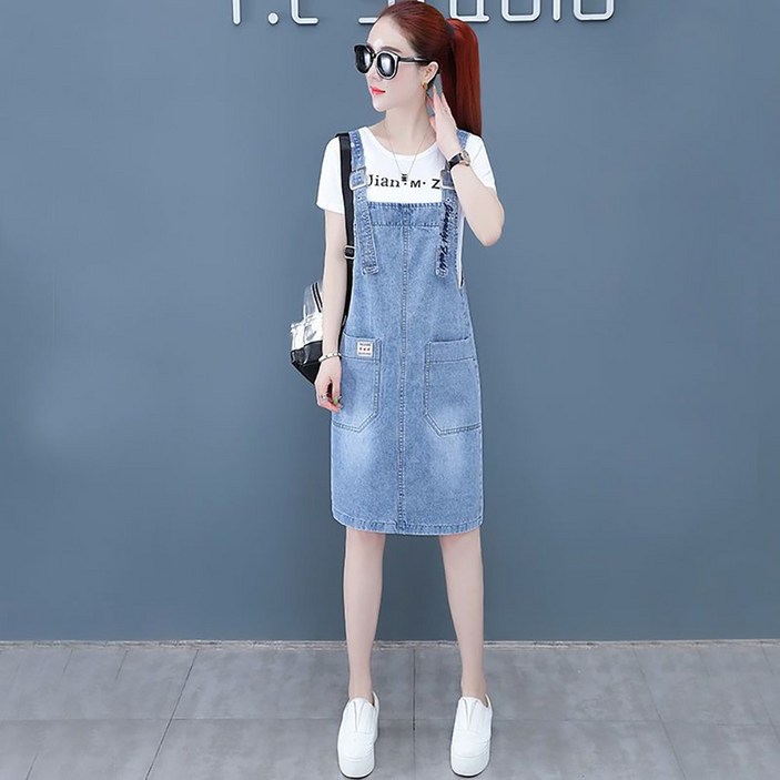 ROYALBELLE 여성 데님 멜빵 미디 원피스 루즈핏 캐주얼 패션 민소매 원피스 D0040906