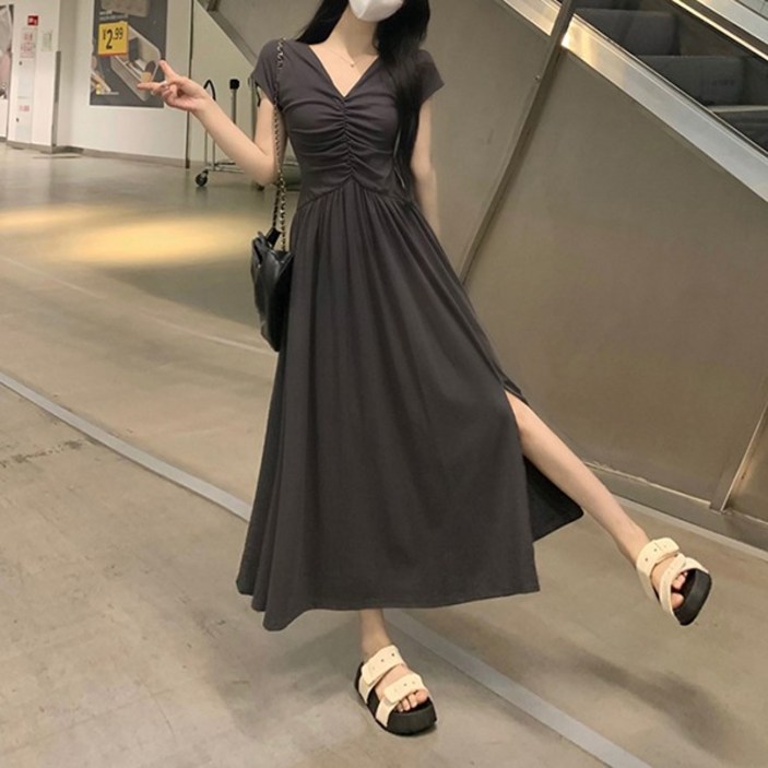 여성 러블리 브이넥 반팔 롱 원피스 TDN-0160