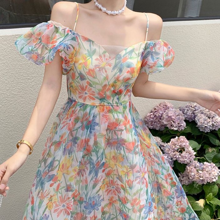 레이스 오간자 원피스 퍼프소매 로맨틱 해외여름옷 동남아원피스