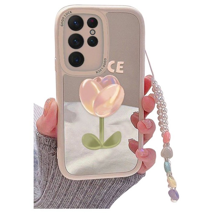 럭스폰 갤럭시 플라워 미러 진주 스트랩 지문방지 실리콘 케이스
