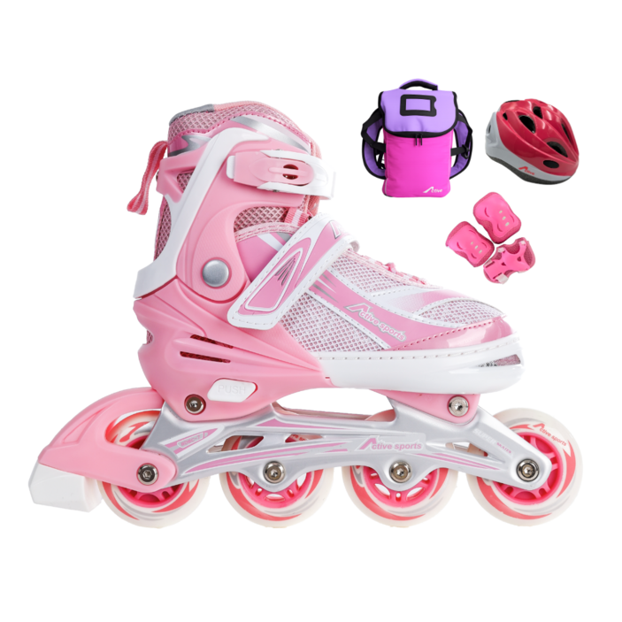 [인라인세트] 사이즈 조절형 아동용 발광바퀴 인라인 스케이트+헬멧+보호대+가방, 스마트 핑크, 1개