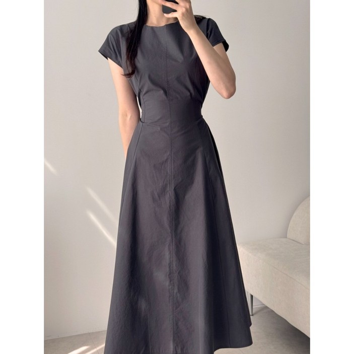 서진맘 여성 면혼방 라운드넥 스트링 심플 무지 반팔 원피스