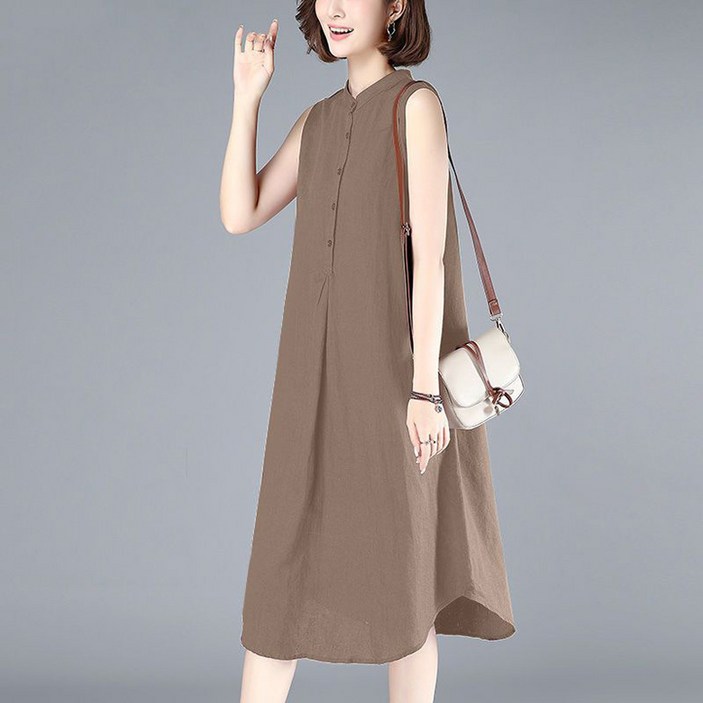 ORZQU 여름 여성 민소매 원피스 면 마 박시 A라인 미디 원피스