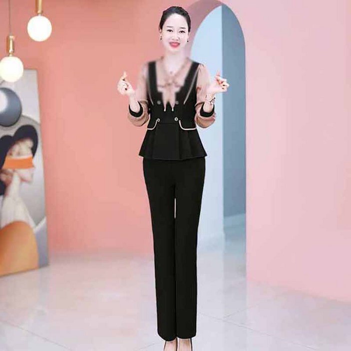 AOKADA 여성 플리츠 리본 셔츠 블라우스 일자 팬츠 투피스 정장 세트 여자 가을 슈트 오피스룩 하객룩 셋업