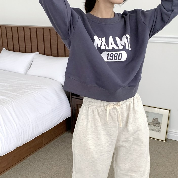 유니진 여성 MIAMI 크롭 긴팔 맨투맨 숏기장 티셔츠 - 쇼핑앤샵