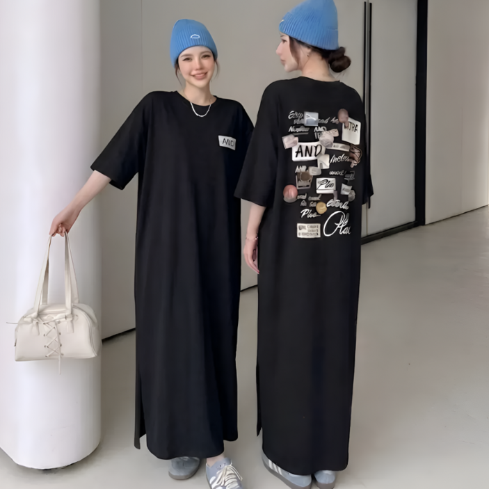 쁘띠엘라 왕박시 반팔 롱원피스 오버핏 빅사이즈 발목기장