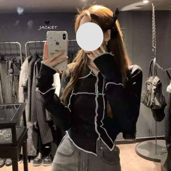 dulandQ 봄 가을 여성 슬림핏 블랙 긴팔 티셔츠 상의 A60