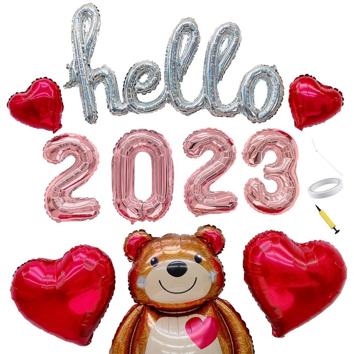 hello 2023 새해 연말 홈 파티 풍선 8종 세트, 1) hello 필기체홀로그램 + 2023 로즈