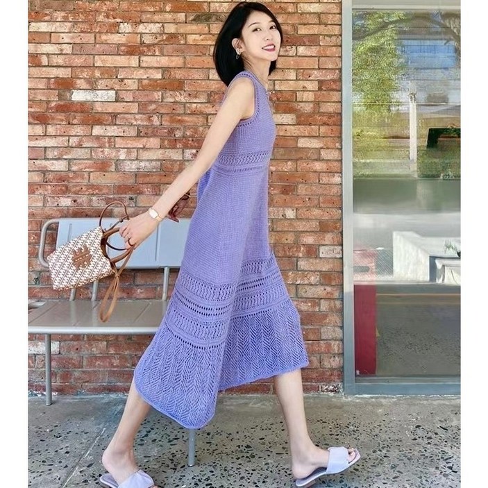 크레스티 슬림핏 민소매 펀칭 롱치마 일상 라운드넥 A라인 니트 원피스