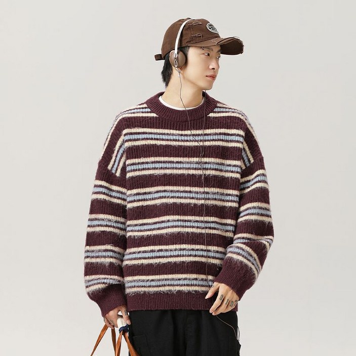 유루 남성용 스트라이프 라운드 스웨터 울 니트 L4117 유루 남성용 스트라이프 라운드 스웨터 울 니트 L4117