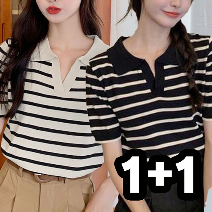 로엔그린 여름 스트라이프 브이넥 여성 카라 반팔 니트티 1+1
