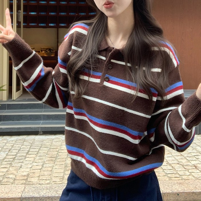 HANYO 여성 키작녀 카라넥 배색 스트라이프 단가라 긴팔 루즈핏 니트 스웨터