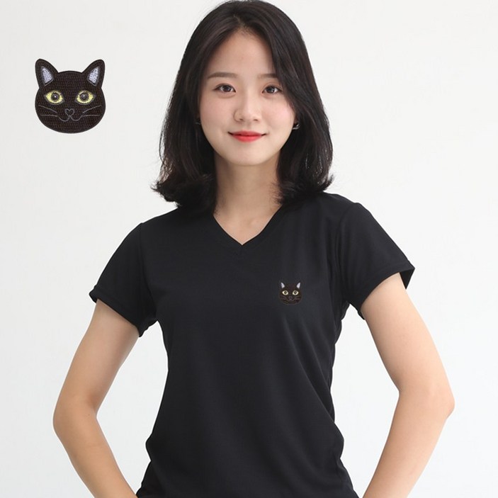 멋지군 코오롱 쿨론 기능성 브이넥 여성 고양이 자수 반팔 티셔츠