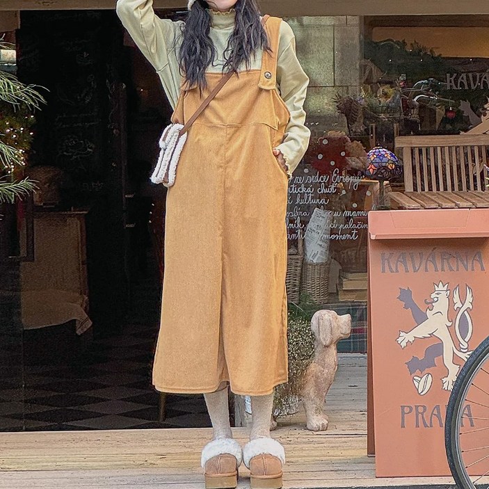 로로텐 코듀로이 멜빵 롱 원피스 뷔스티에 스퀘어넥 여성 빅사이즈