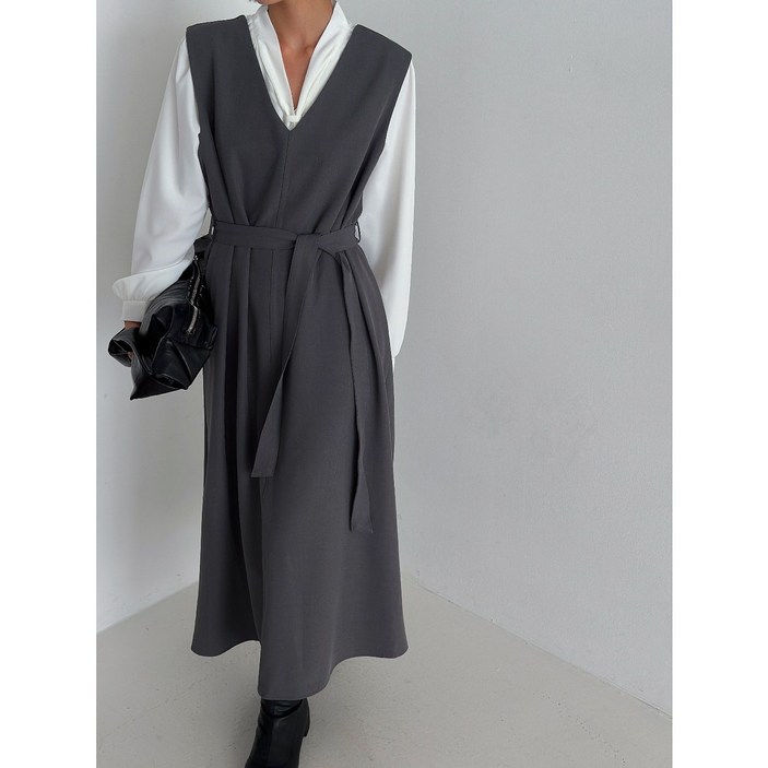 LionHu [국내제작] 브이넥 레이어드 롱원피스 하객룩 뷔스티에 긴치마 벨트세트  그레이 LH-2-017