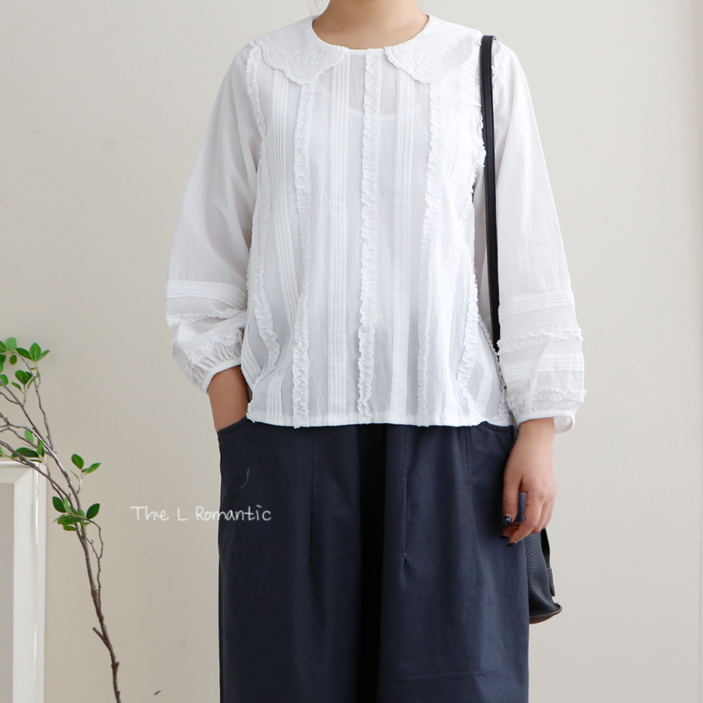 라펠 프릴 코튼 블라우스