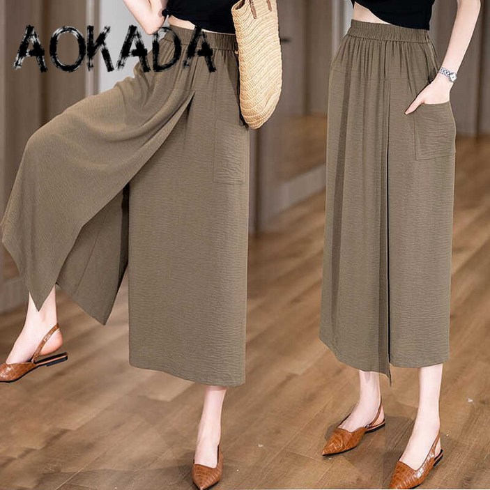 AOKADA 치마바지 플리츠 스트레이트핏 밴딩 슬랙스 와이드팬츠