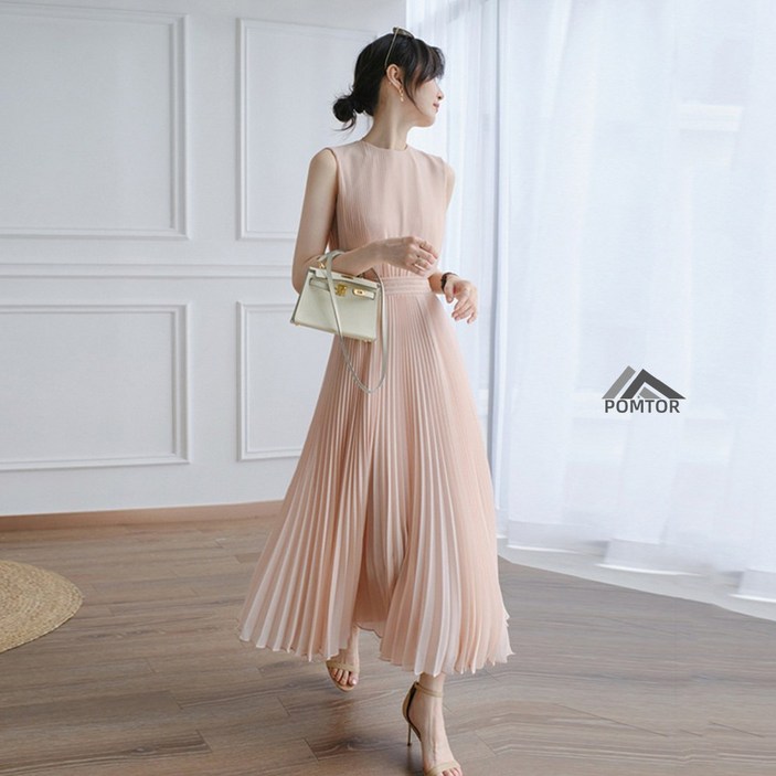 POMTOR 여름 여성 롱 원피스 로맨틱 라운드넥 플리츠 원피스