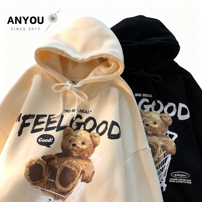 ANYOU 곰돌이 커플 후드티 루즈핏 가을 겨울 커플후드티 남녀공용 맨투맨