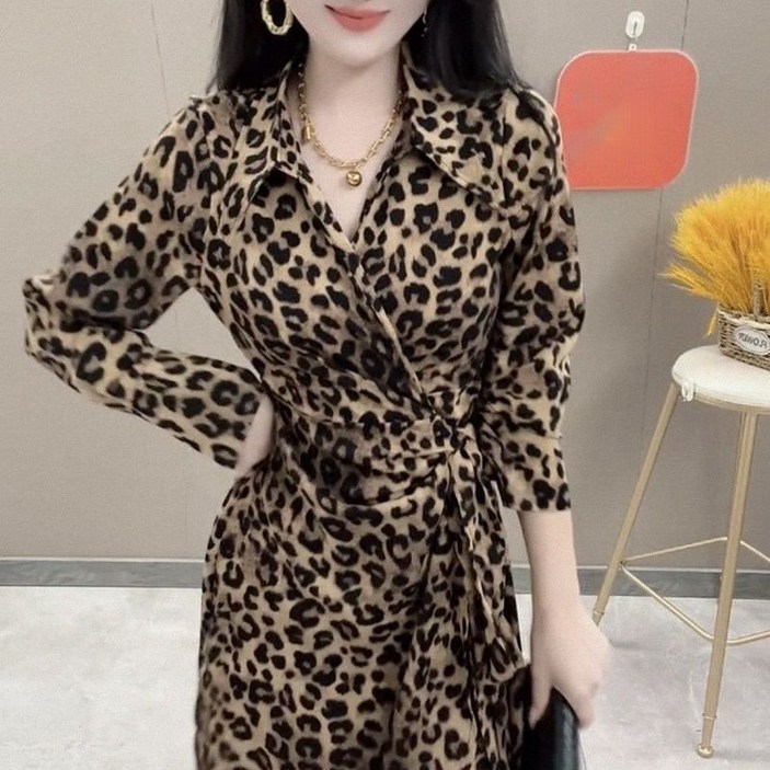 페이준 여성 봄 가을 끈 원피스 날씬해 보이는 호피 프린트 원피스 LN940