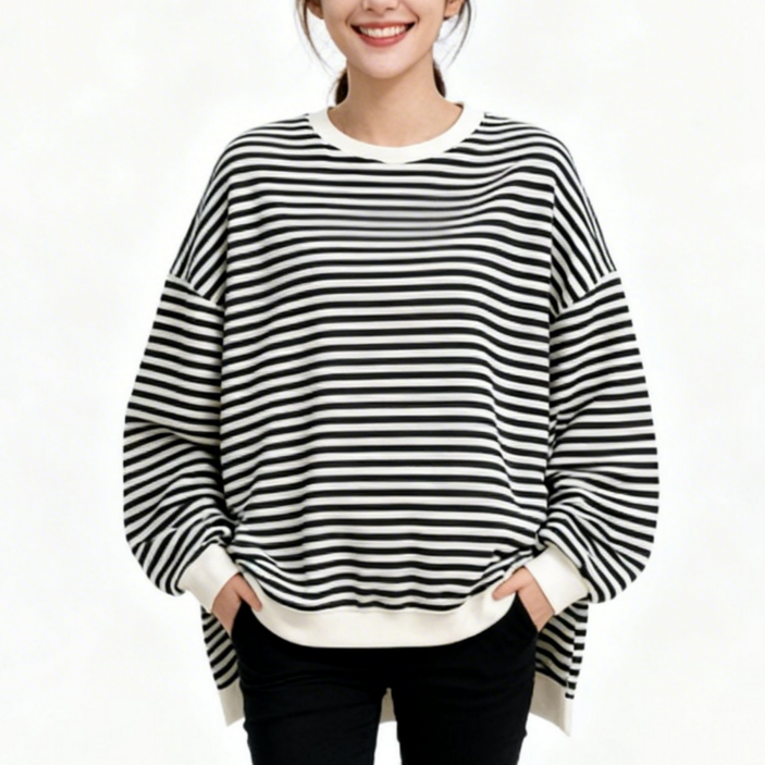 벨에라 여성 빅사이즈 사계절 루즈핏 긴팔 스트라이프 티셔츠