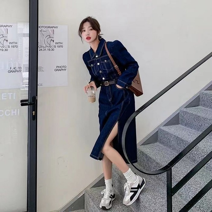 COSYEVNO  여성 봄가을 벨트 셋트 퍼프소매 데님 롱 원피스 LFHnzq1