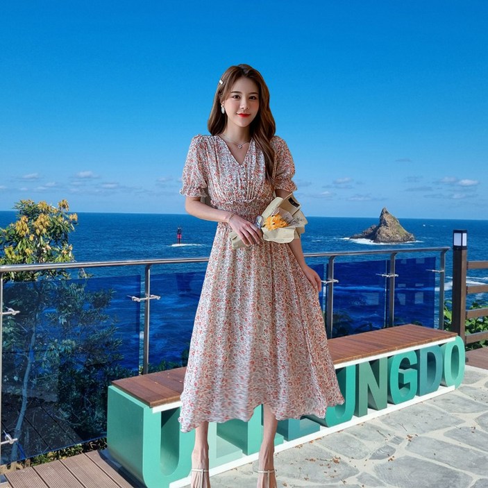 여름 꽃무늬 쉬폰원피스 밴딩 롱 반팔 플라워원피스