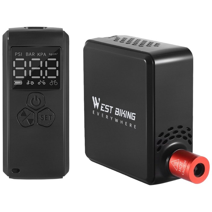 WEST BIKING 미니 전기 자전거 펌프 150PSI 강력 공기 압축기 압력 표시 자동차 오토바이 MTB 로드 바이크 타이어 인플레이터, 1개, Black