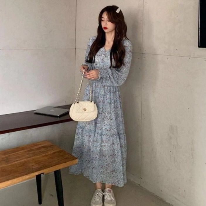 여성 쉬폰 플라워  롱원피스 브이넥 허리 라인 슬림 봄 가을 겨울 원피스 셔링 데이트룩 빅사이즈 원피스~2xl