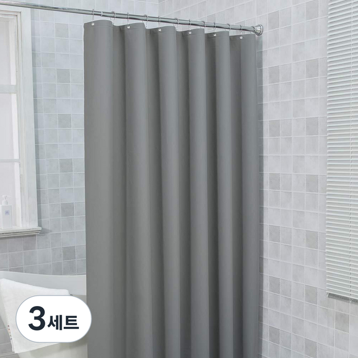 3S리빙 방수 샤워커튼 무지그레이  크롬커튼고리 커튼봉 세트, 3세트, gray