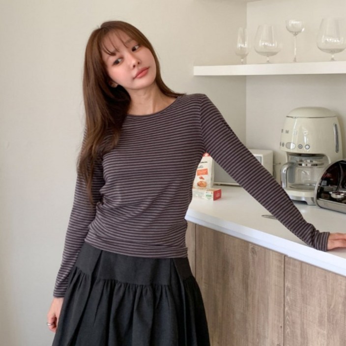 라라온 여성용 라운드넥 스트라이프 스판 긴팔 티셔츠 25TSP3389