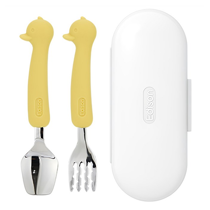 에디슨 유아 실리콘 스푼 포크 케이스 세트, 오리옐로우, 스푼  포크  케이스, 1세트