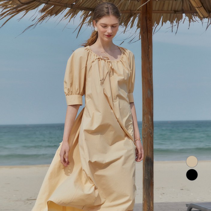 온앤온 여성용 셔링 넥 볼륨 소매 오버 면 원피스 NEW3MO506