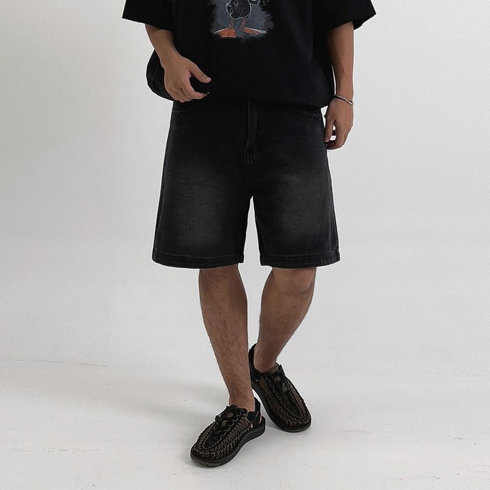 남성 워싱 세미와이드 버뮤다 5부 청 반바지