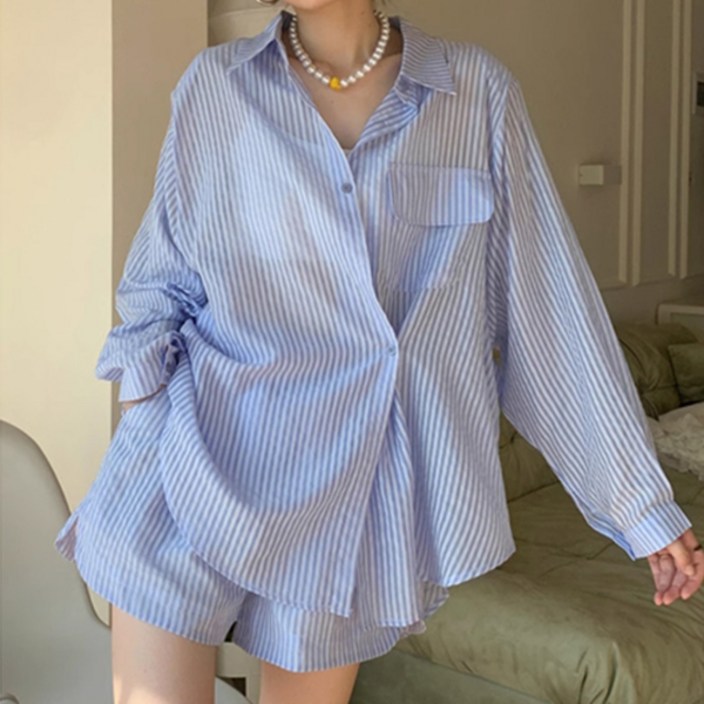 유니온 여성 오버핏 캐주얼 스트라이프 셔츠 반바지세트