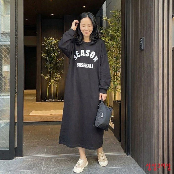 상상그이상 여성용 국내제작 간절기 베이스볼 원피스 빅사이즈 레터링 롱티셔츠 심플 포인트 사계절 면 데일리룩