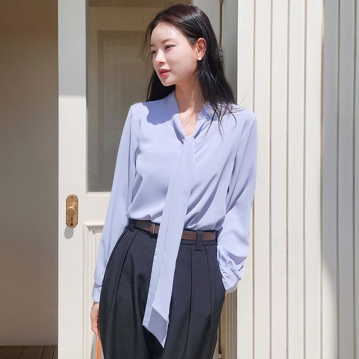 하얀색 긴팔 롱 타이 블라우스 리본 V넥 루즈핏 노카라 베이직 차차