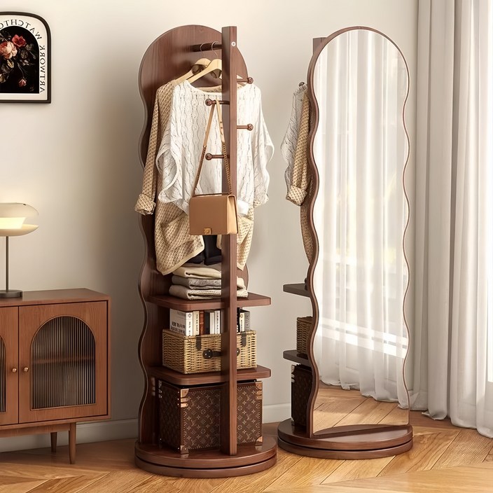 GOOD MOMENT 튼튼한 회전 전신거울 원목 수납 옷걸이 행거