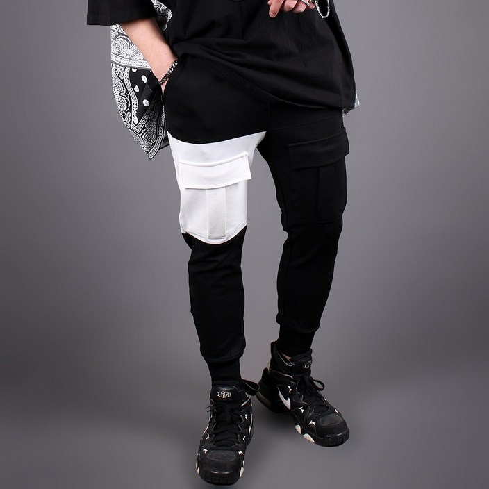 남자 슬림핏 더블포켓 포인트배색 밴딩 카고 조거팬츠