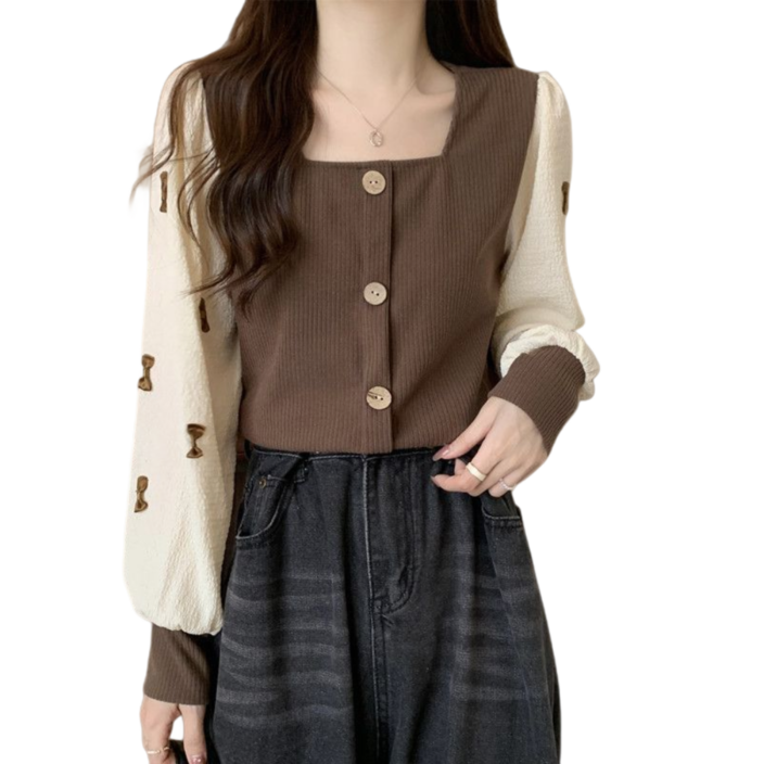 Makone 여성 봄 가을 스퀘어넥 패치 리본 예쁜 긴팔 티셔츠