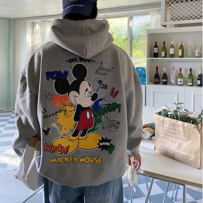 남자 디즈니 미키 기모 오버핏후드티셔츠