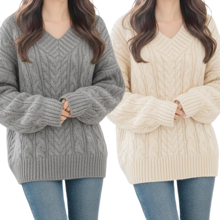 봉마르쉐 여성 겨울 꽈베기 니트티 캐쥬얼 브이넥 티셔츠 2종 세트