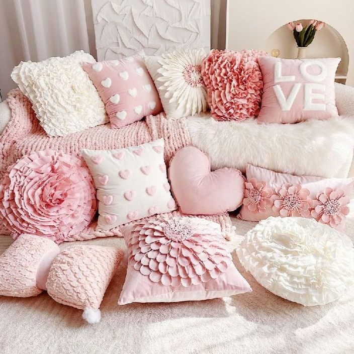 북유럽 플라워 쿠션 패브릭 사각쿠션 원형 인테리어 소파쿠션, N.핑크하트
