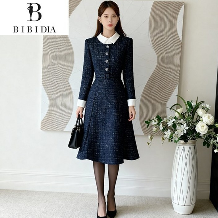 비비디아 여성 봄가을 오피스룩 배색 슬림 원피스 정장 스타일 미디 드레스 출근룩5576